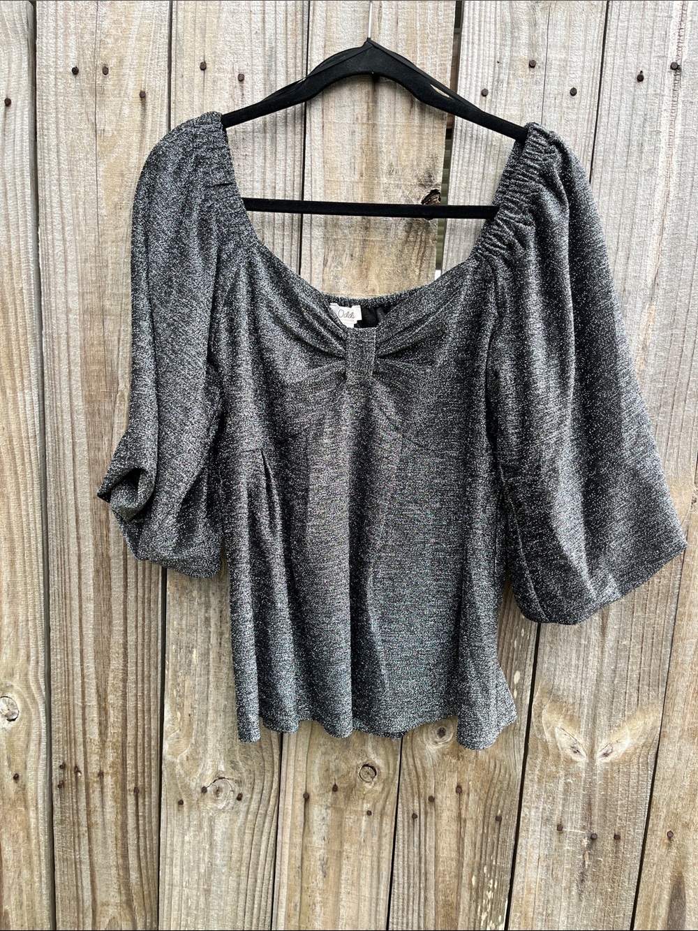 Shimmery Charcoal Puff-Sleeve Tunic Top